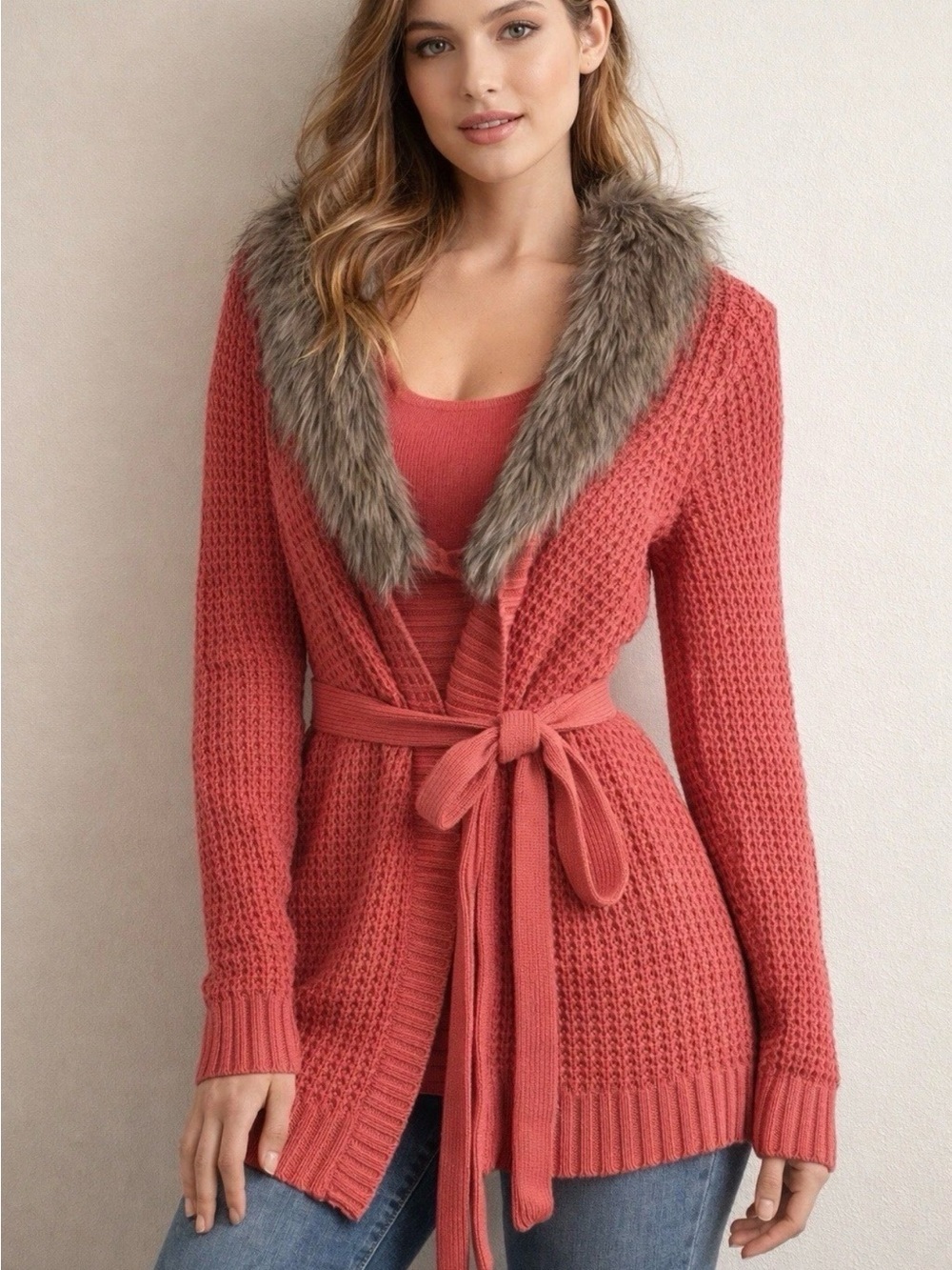Y2k Old Navy Sweater Women‎ Med Faux Fur Collar Tie Orange Cardigan Knit